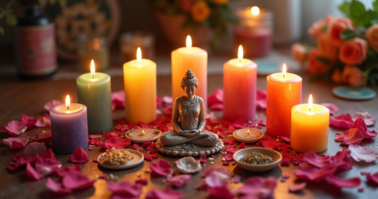 Velas de diferentes cores alinhadas em ritual feminino 