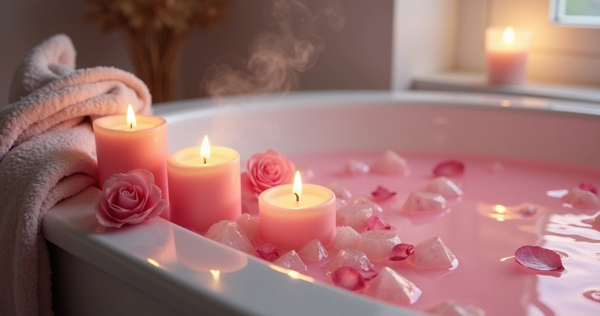 Velas acesas rosadas próximas a cristais e pétalas ao lado de uma banheira 