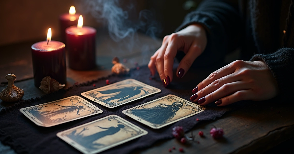 Cartas de tarot escuras e velas em mesa antiga 