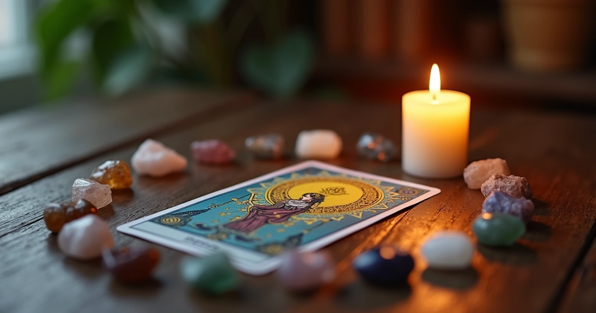 Vela acesa ao lado de carta de Tarot e pequenos cristais formando círculo