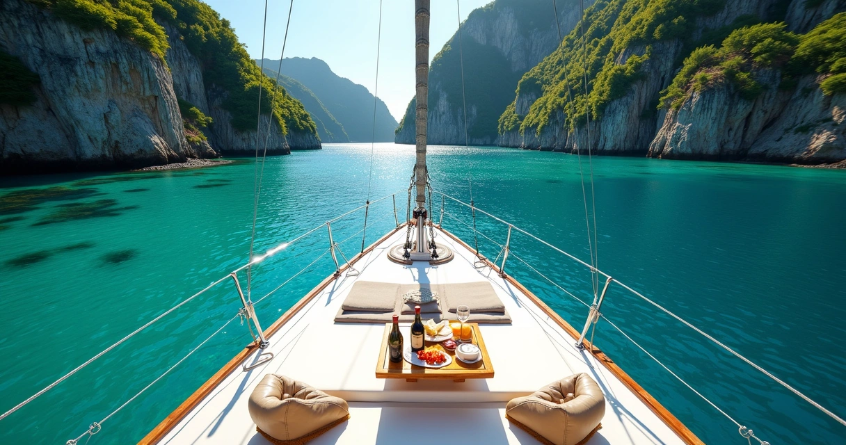 Veleiro de luxo ancorado em uma enseada paradisíaca com águas cristalinas 