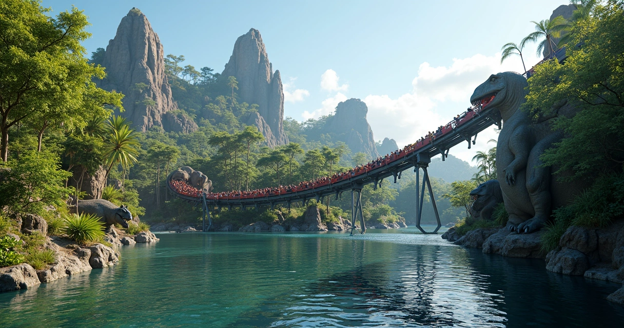 Montanha-russa VelociCoaster passa em frente a quedas d'água em Jurassic Park 