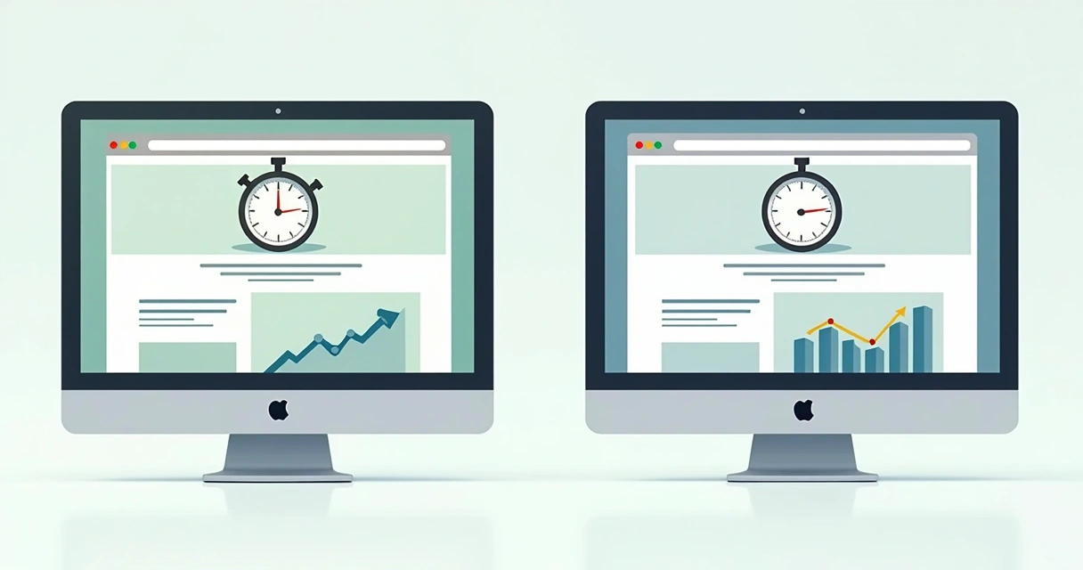 Comparação de velocidade de carregamento entre dois criadores de sites, GreatPages e Hostinger, mostrados lado a lado em cronômetros digitais 