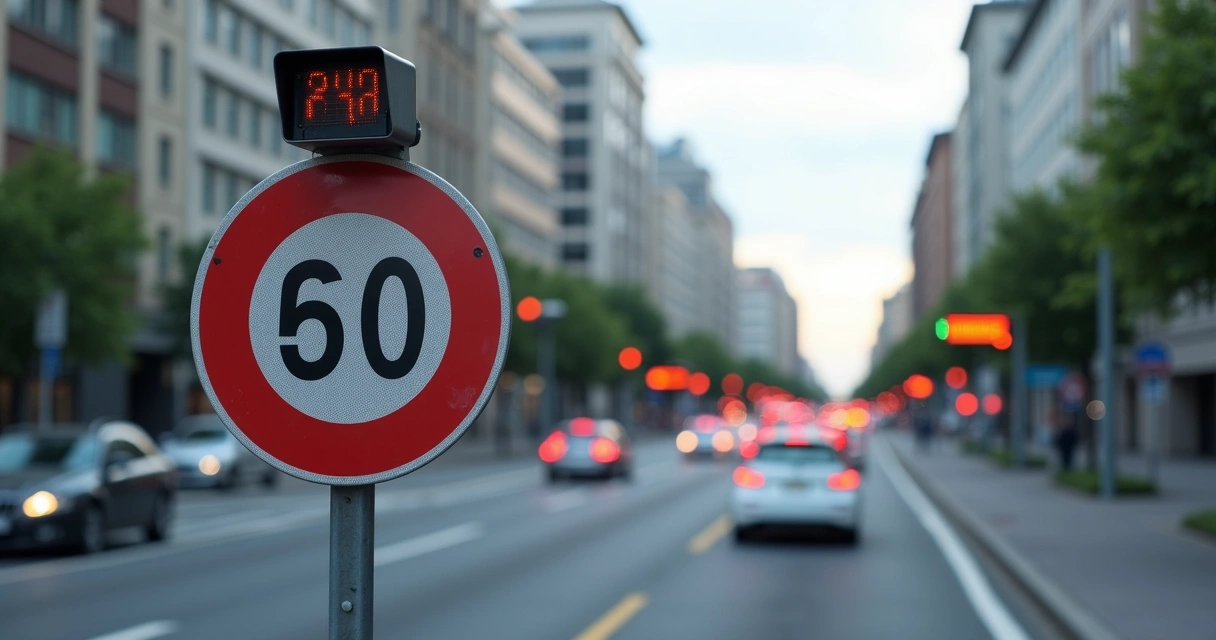 Placa de trânsito mostrando velocidade máxima, radar ao fundo registrando veículo 