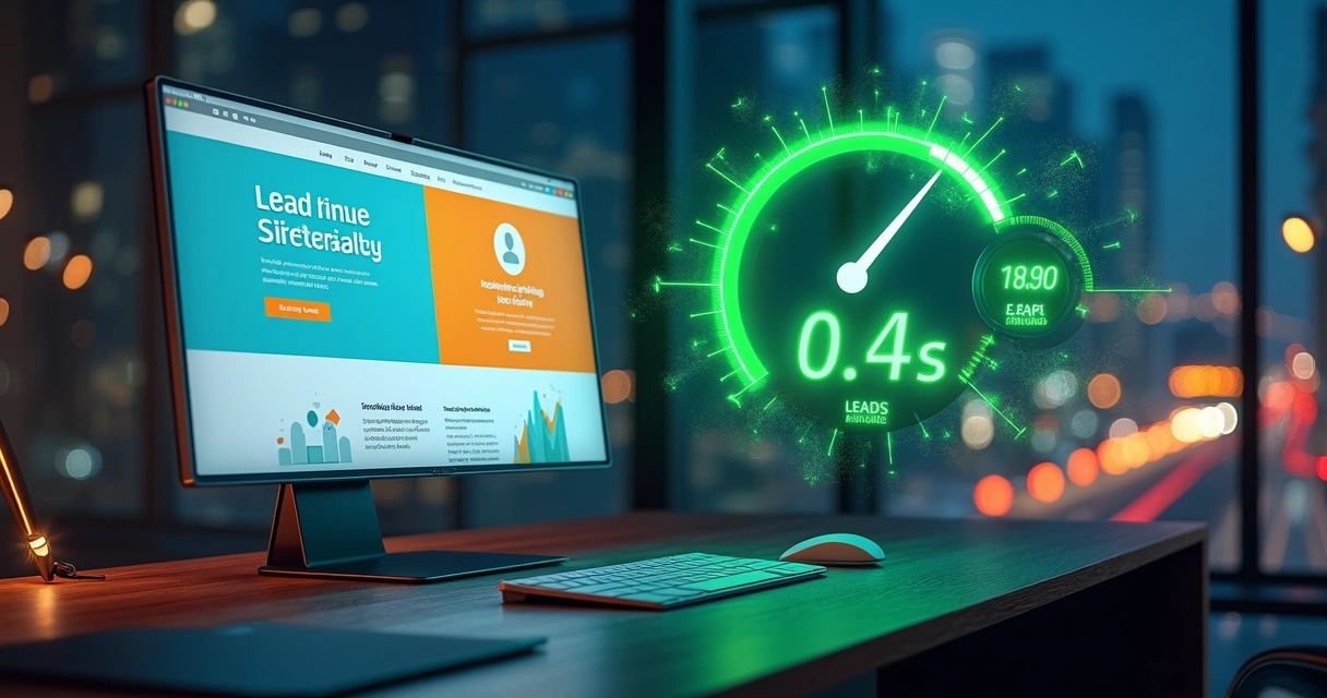Velocímetro digital em tela mostrando landing page rápida ao lado de ícones de vendas e leads 