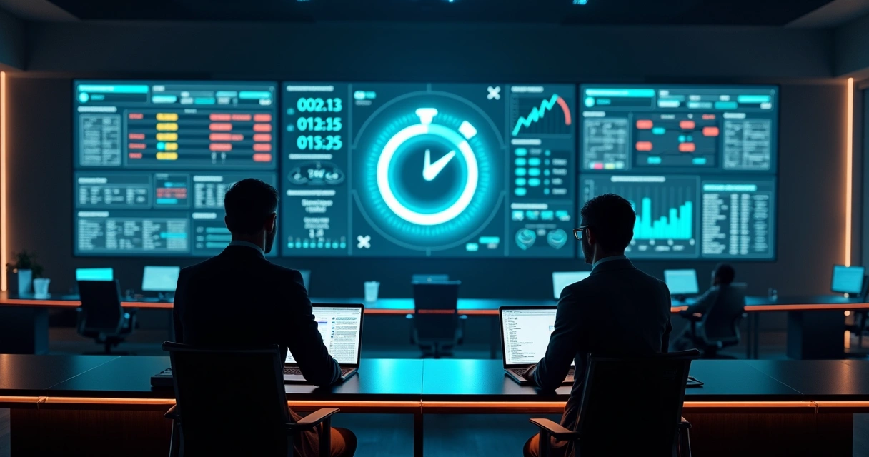 Executivos analisam cronômetros digitais em painel de leads B2B 