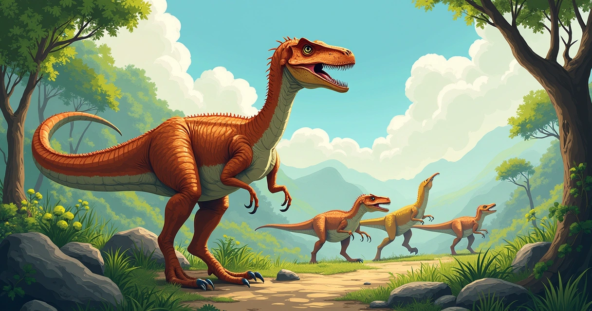 Ilustração de um Velociraptor em ambiente pré-histórico, destacando suas garras e comportamento em grupo.