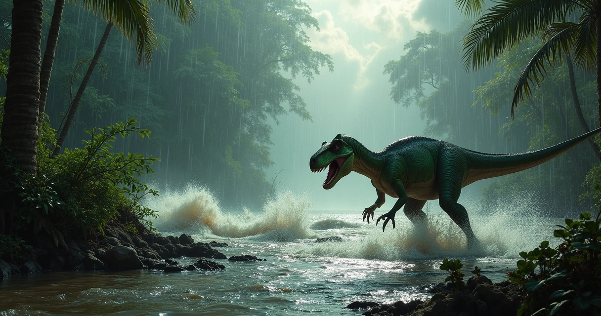 Velociraptor em uma floresta sob um dilúvio, com árvores inclinadas e relâmpagos no céu escuro.