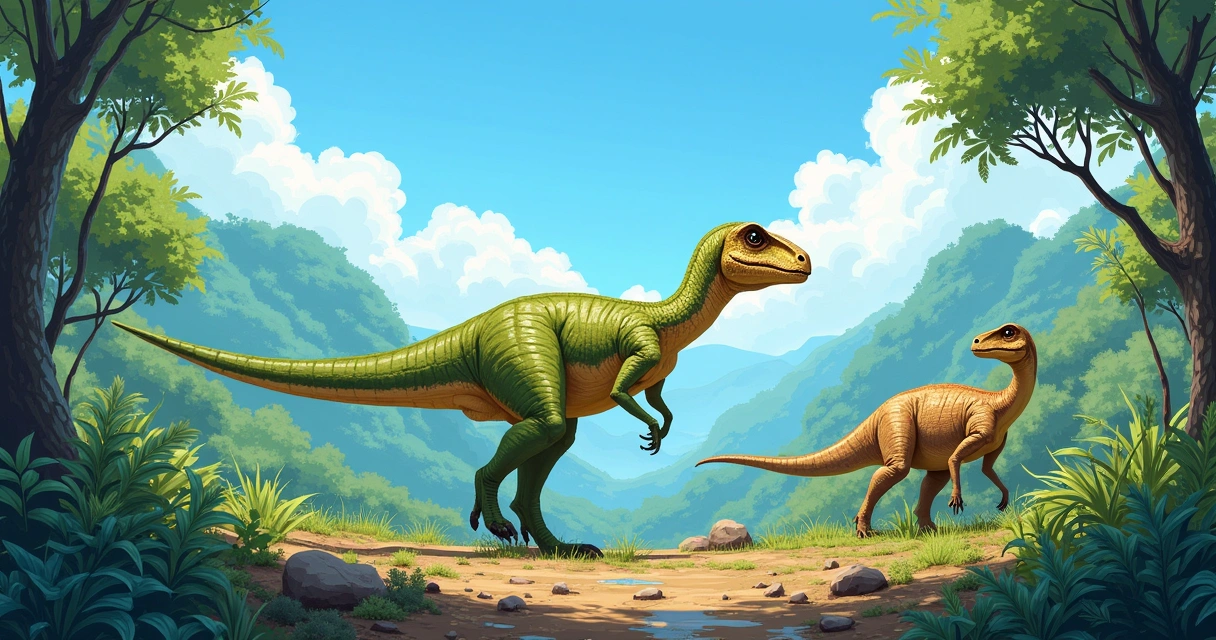 Velociraptor em ambiente pré-histórico, em pose de caça, com floresta e outros Velociraptores ao fundo.