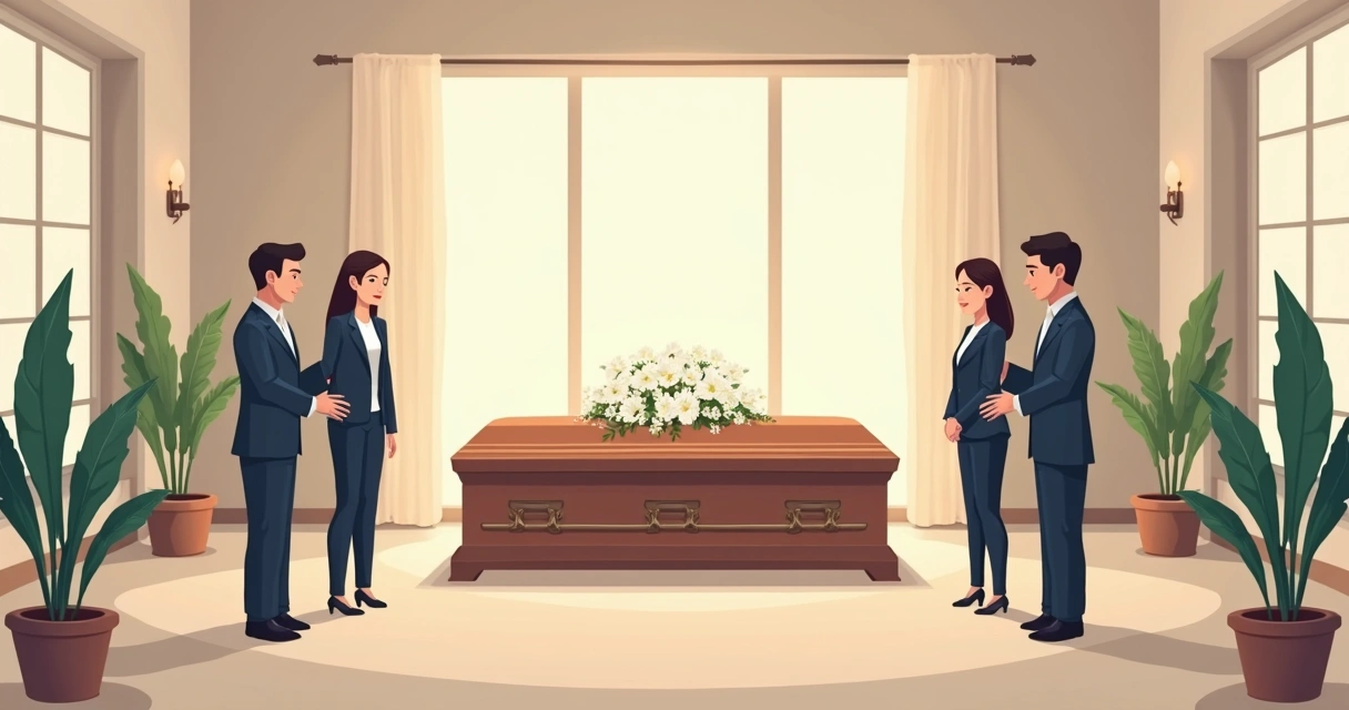 Urna funerária elegante com decoração simples em salão de velório iluminado 