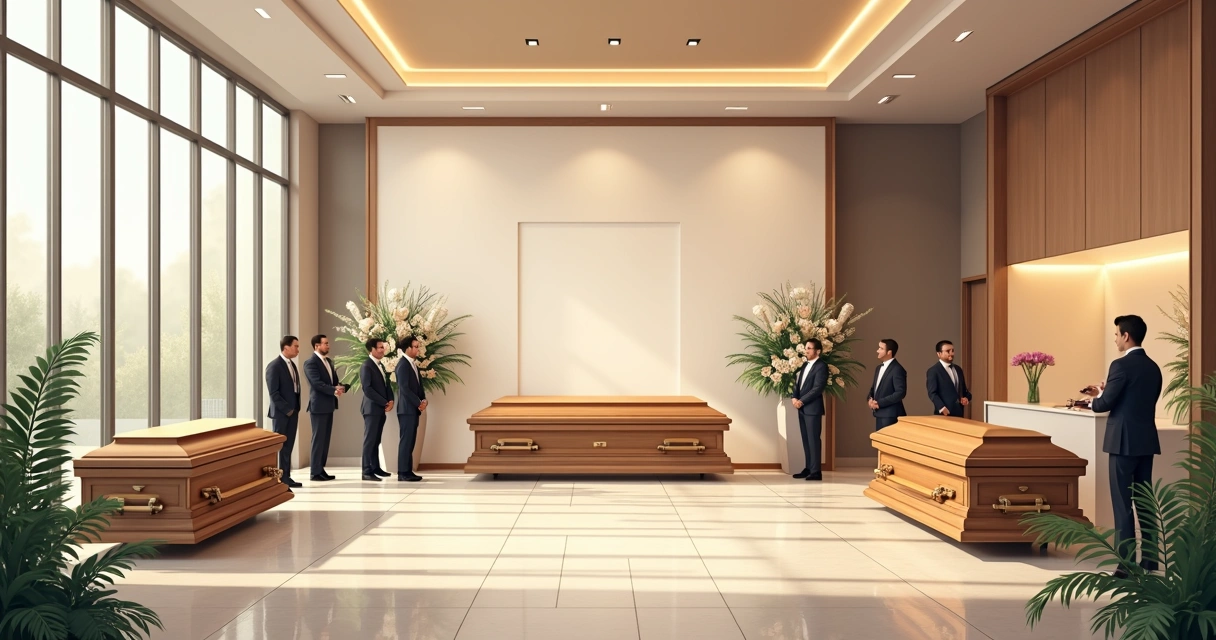 Sala ampla para velório de alto padrão, com decoração sofisticada e bancos confortáveis