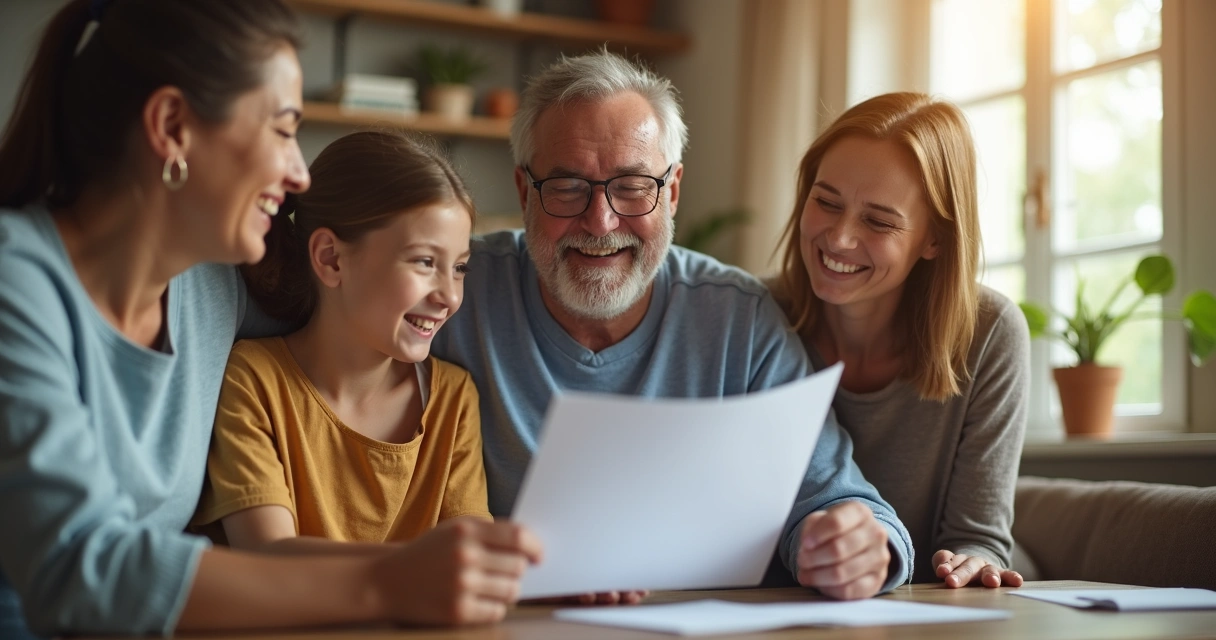 Paciente comemorando resultados positivos com família ao lado, em ambiente doméstico 