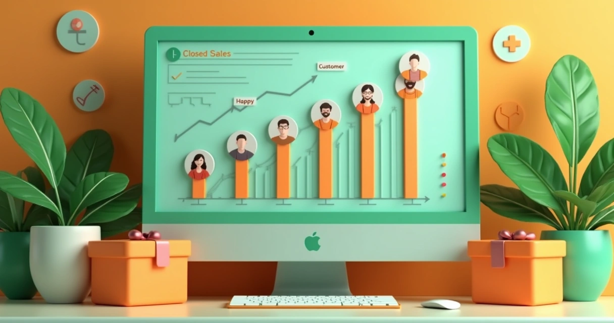 Quadro kanban digital com vendas crescendo e clientes satisfeitos 