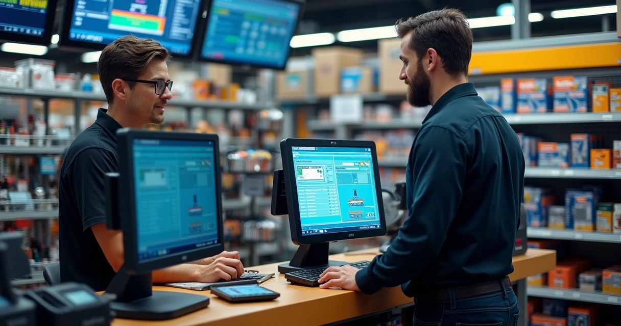 Atendente usando PDV em loja de autopeças 
