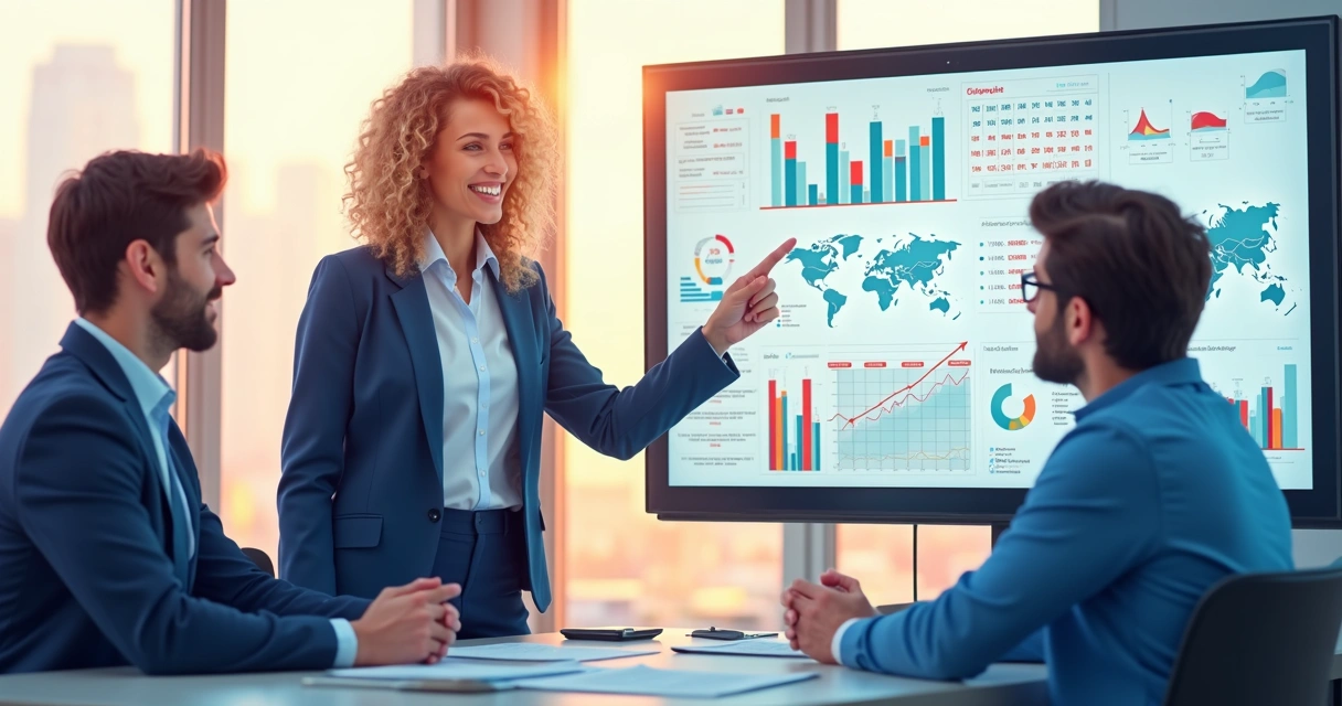 Vendedor B2B em reunião consultiva com gráficos de dados 