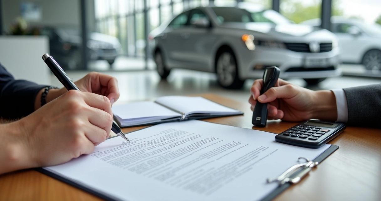 Pessoa assinando documentos de venda ao lado de um carro em concessionária 