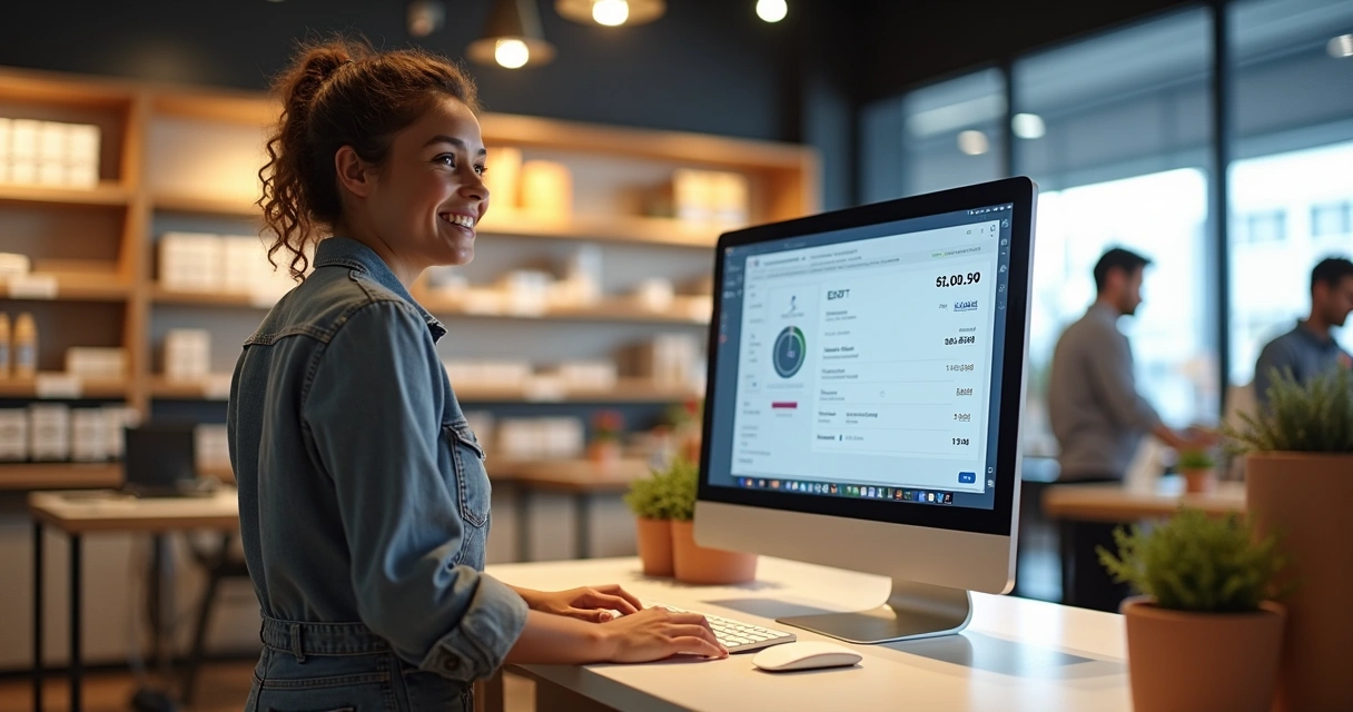 Vendedor de loja de varejo mostra tela de venda com comissão calculada 