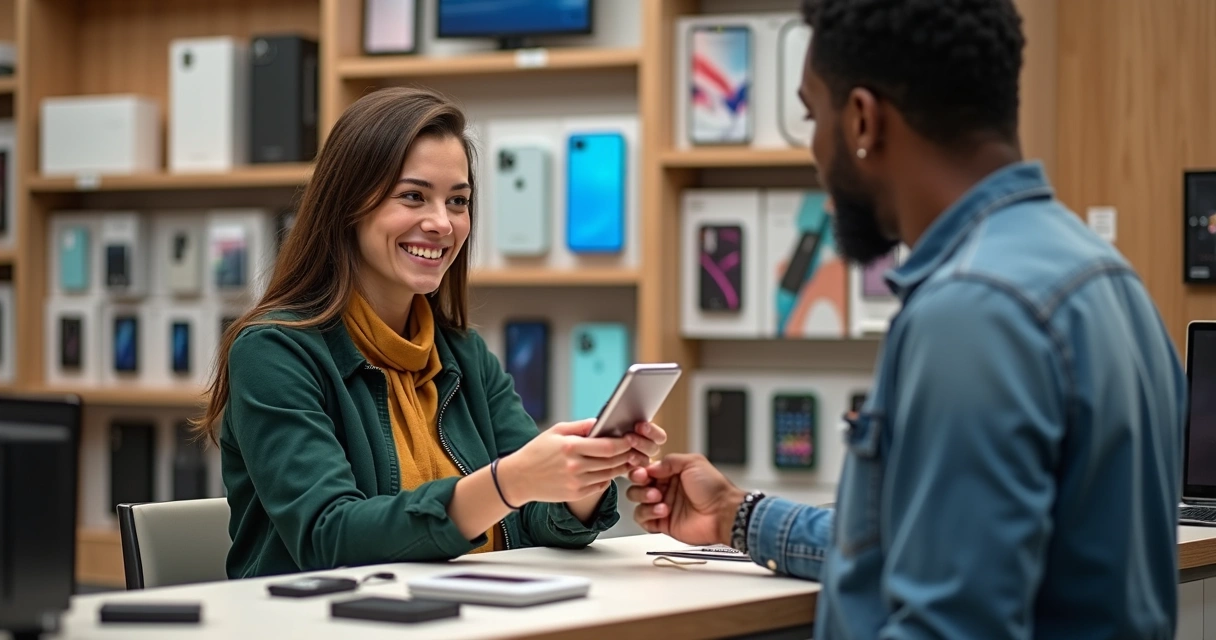 Vendedor oferece acessórios para celular no balcão de uma loja 