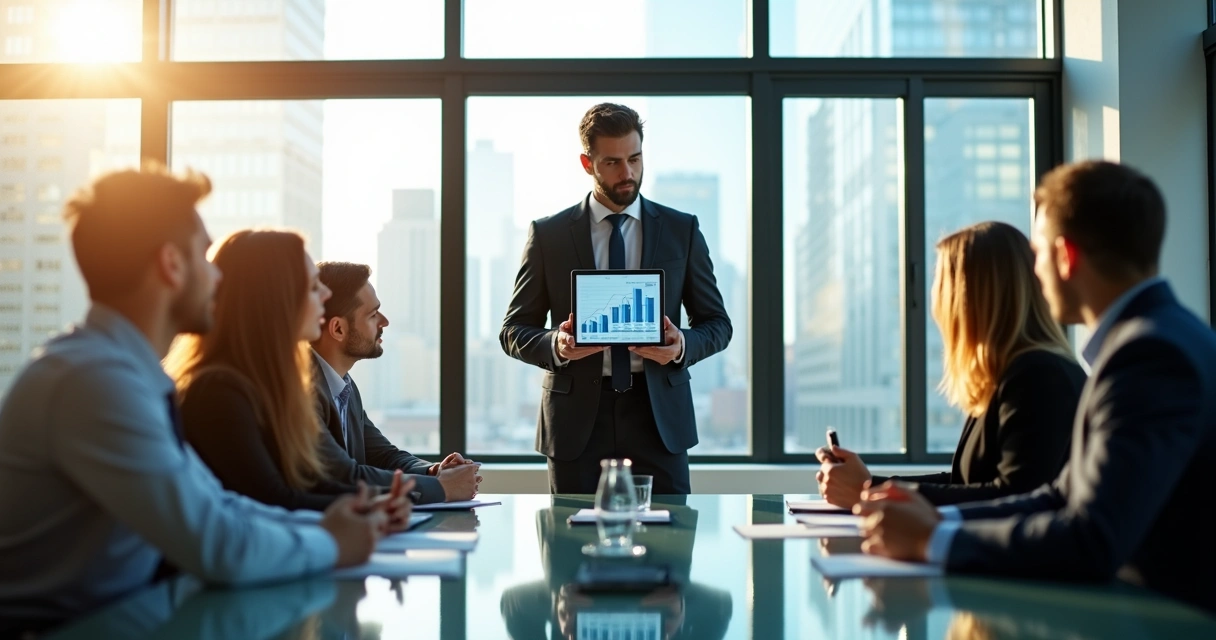 Consultor explicando solução para equipe de executivos em empresa 