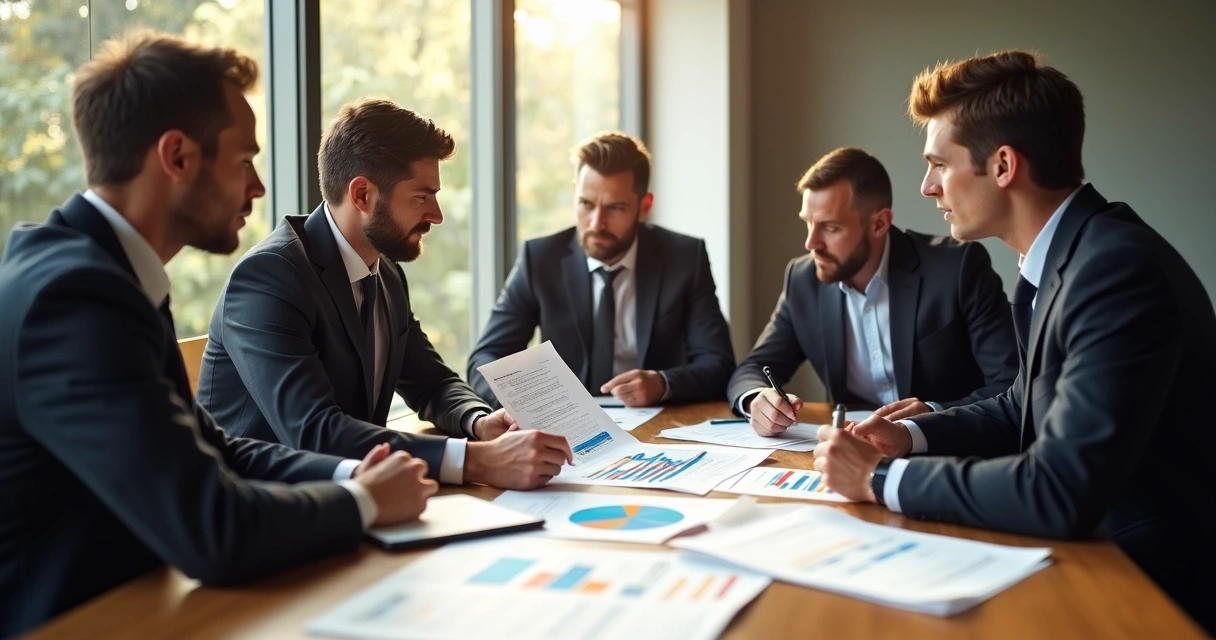 Equipe de vendas e cliente em reunião com documentos na mesa 