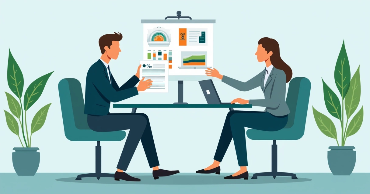 Representação de venda cruzada em reunião de negócios, equipe oferecendo produtos complementares a um cliente, mesa com diferentes itens 