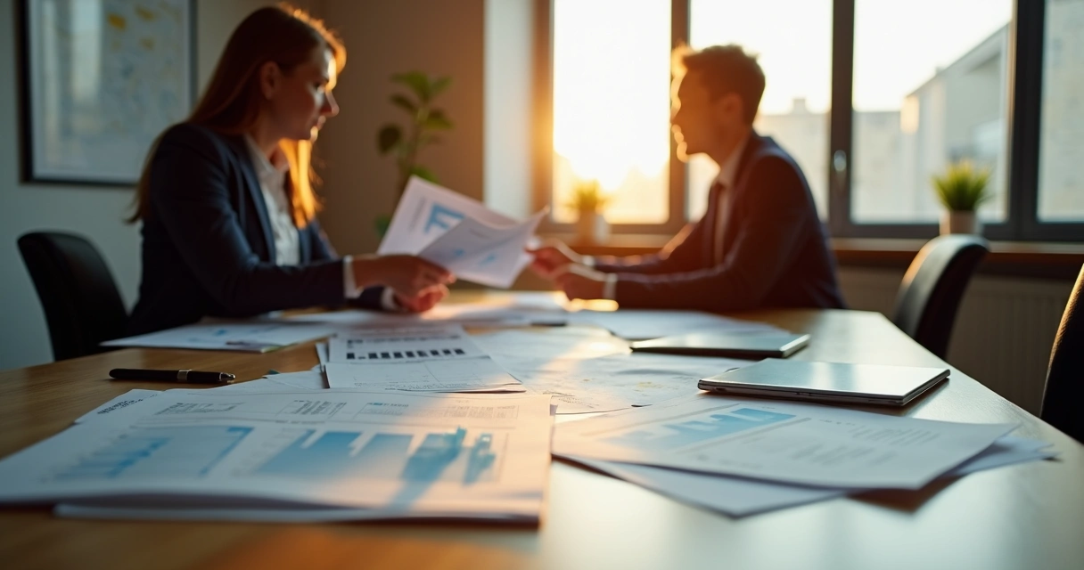 Mesa de reunião pequena com duas pessoas discutindo relatório de vendas e produtos diferentes sobre a mesa