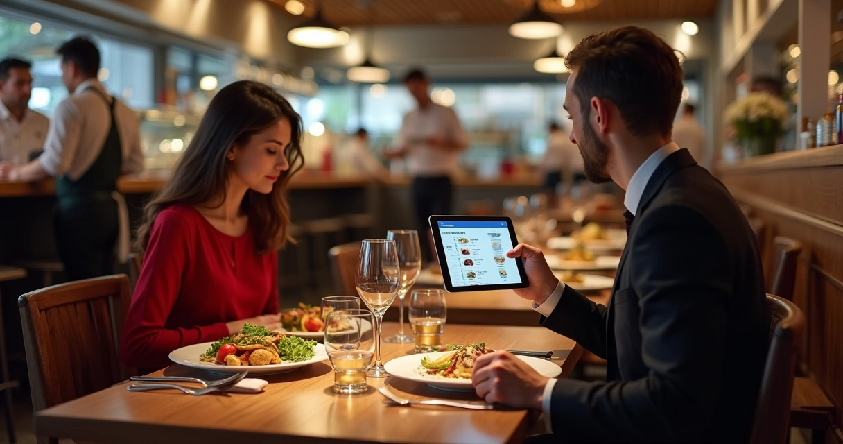 Clientes em restaurante recebendo recomendações personalizadas de combos de pratos e bebidas complementares 