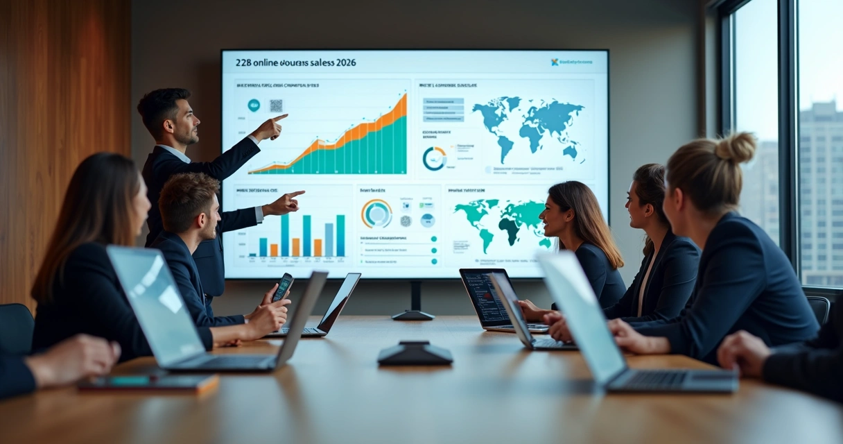 Equipe de negócios analisando gráficos de vendas de cursos B2B em tela grande 