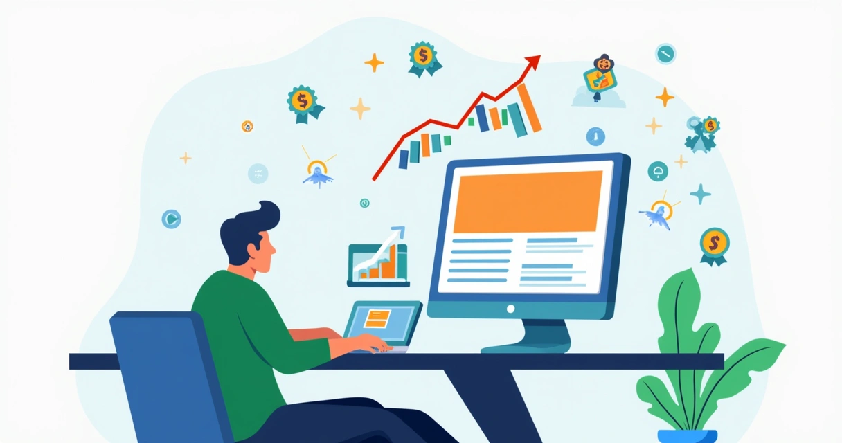 Ilustração corporativa plana de pessoa apresentando curso digital em laptop com gráficos de crescimento e ícones de dinheiro e assinatura ao redor 