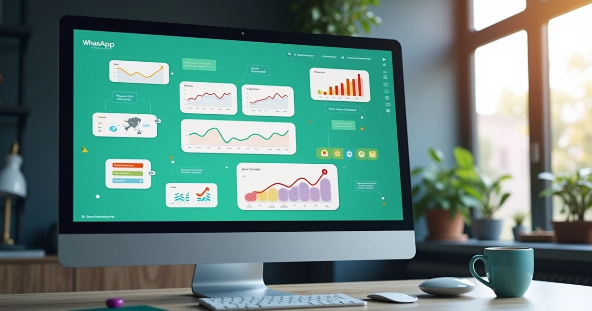Computador com tela mostrando chat de IA integrado ao WhatsApp com gráficos de crescimento e interface personalizada com cores vibrantes 