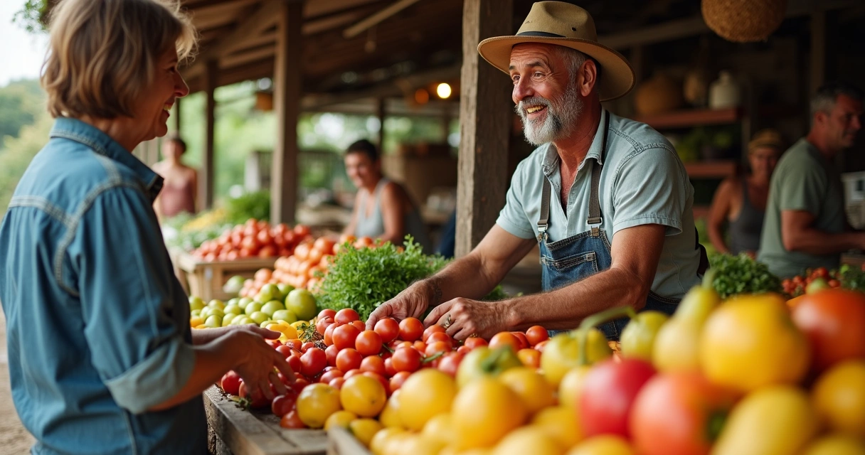 Produtor rural oferecendo frutas frescas em feira livre 