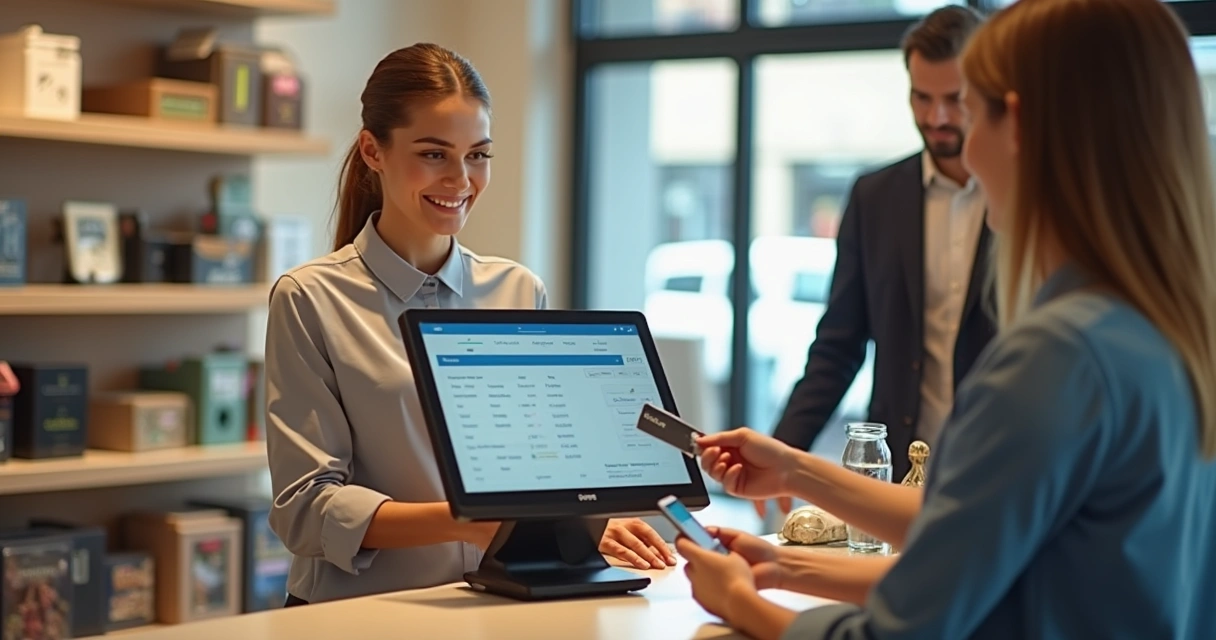 Atendente realizando uma venda em PDV moderno, integrando estoque e pagamento em loja pequena 