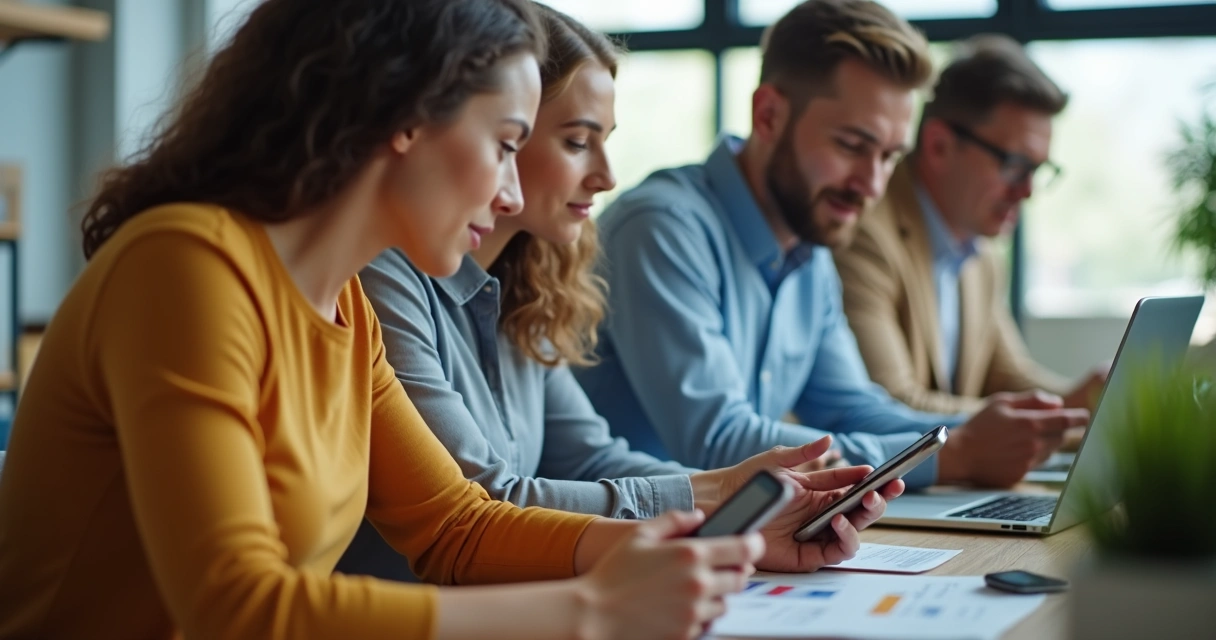 Equipe de vendas usando CRM simples no celular 
