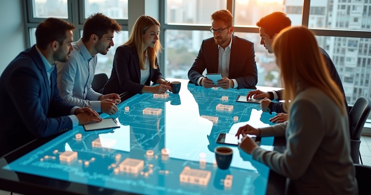 Equipe de vendas imobiliária em reunião analisando gráfico digital com imóveis e leads 