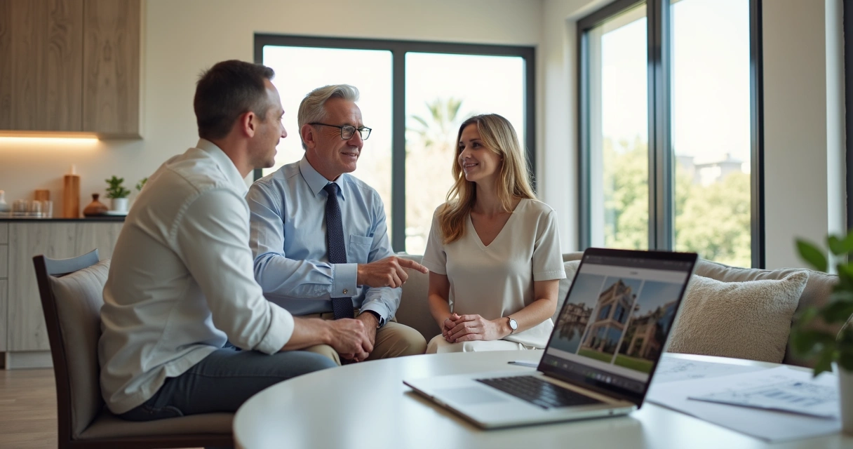 Corretor mostrando imóvel para casal interessado em sala moderna com iluminação natural 