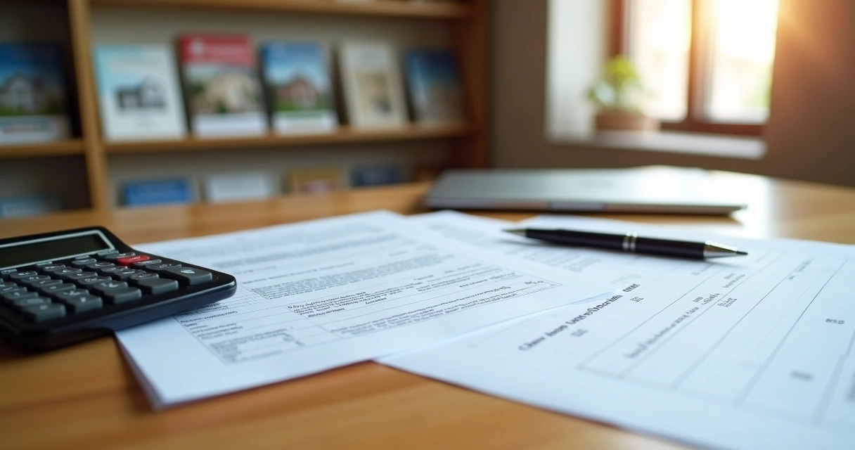 Mesa com calculadora, notas fiscais e papéis de venda de imóvel organizados 