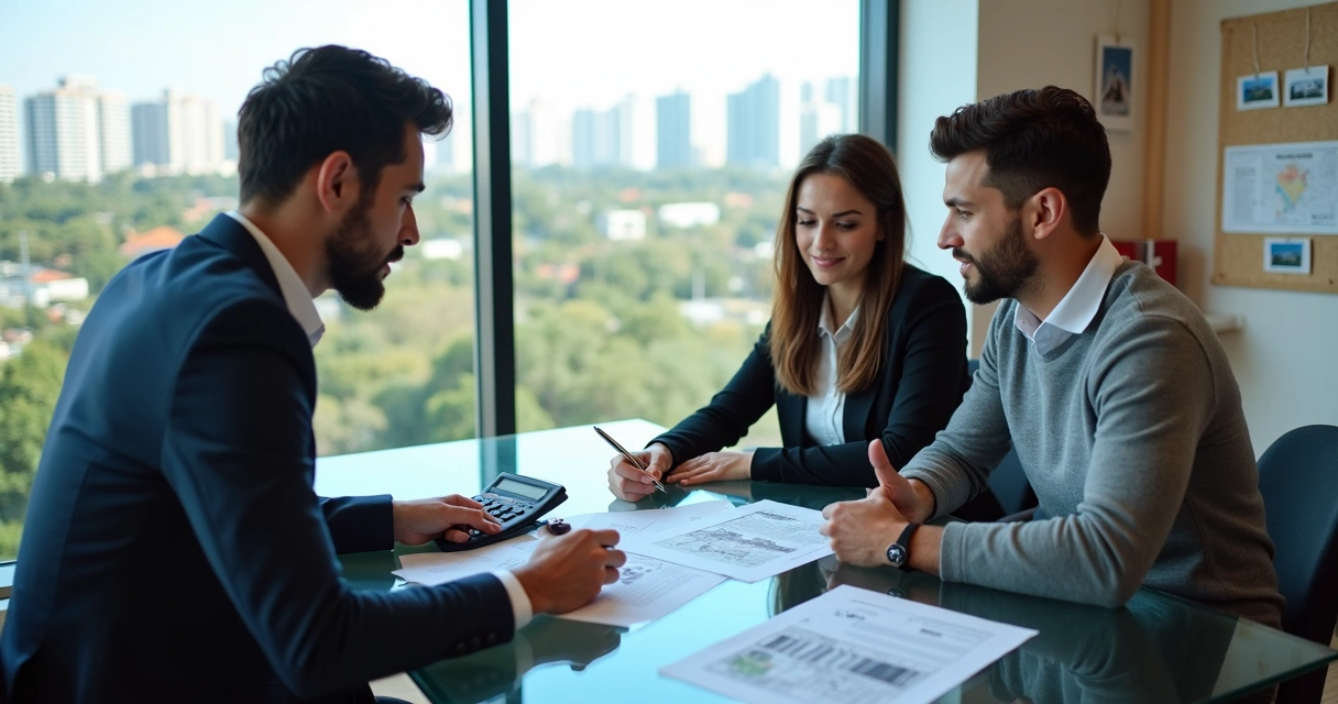 Corretor explicando venda de imóvel financiado para casal em Campinas 