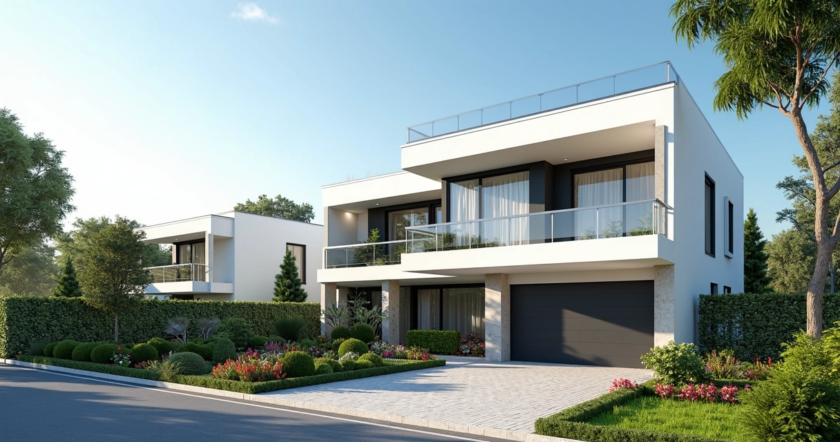 Casa residencial moderna com fachada clara e jardim bem cuidado em bairro residencial de Paulínia 