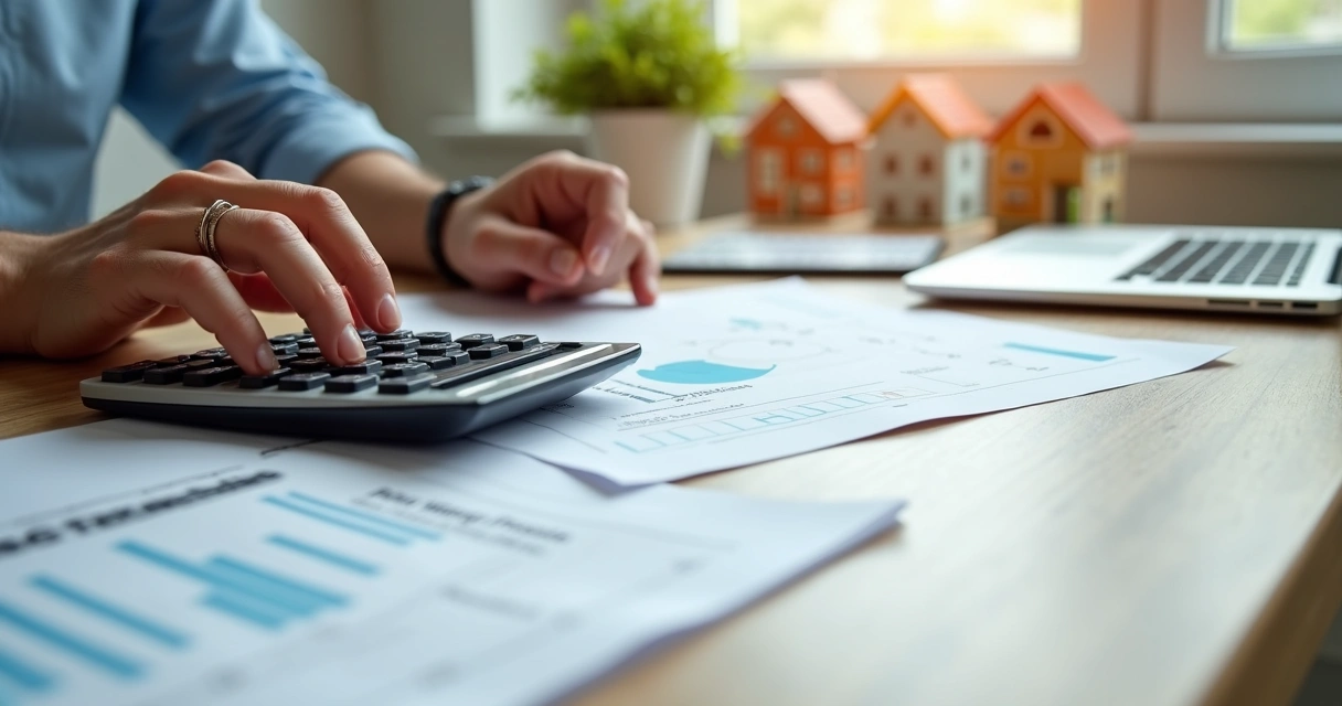 Pessoa analisando documentos de venda de imóvel em mesa de escritório