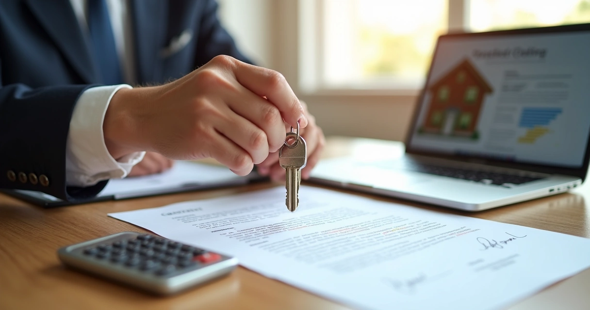 Mesa com chaves, contrato imobiliário, calculadora e laptop em ambiente iluminado e organizado 
