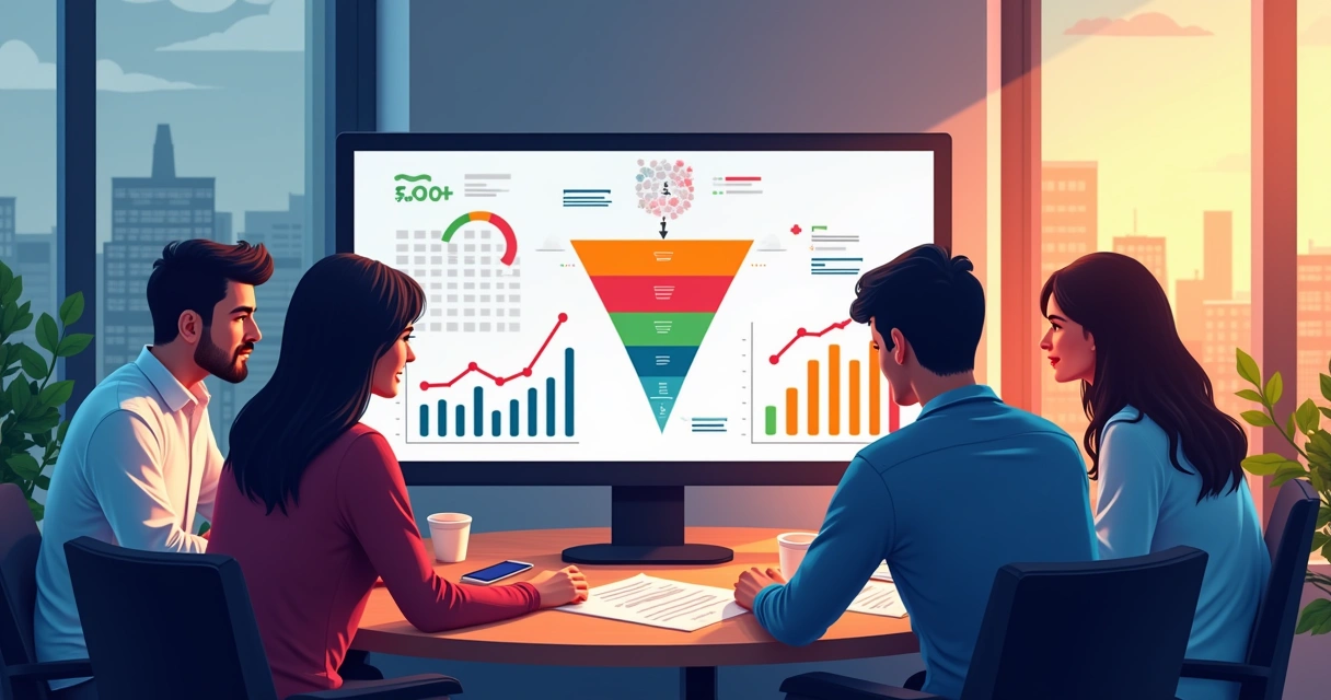 Equipe de vendas em reunião analisando dados digitais 