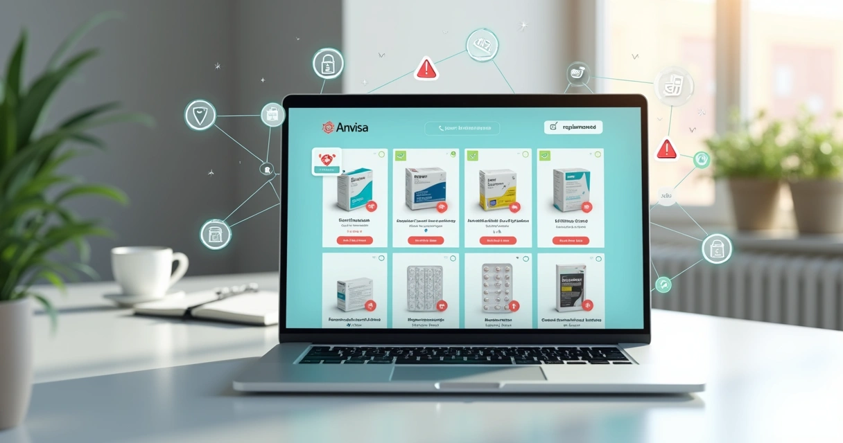 Tela de marketplace com remédios destacados e selo de aprovação da Anvisa 