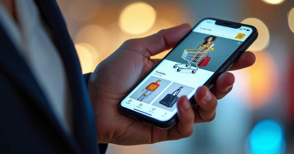 Pessoa segurando smartphone mostrando loja virtual 