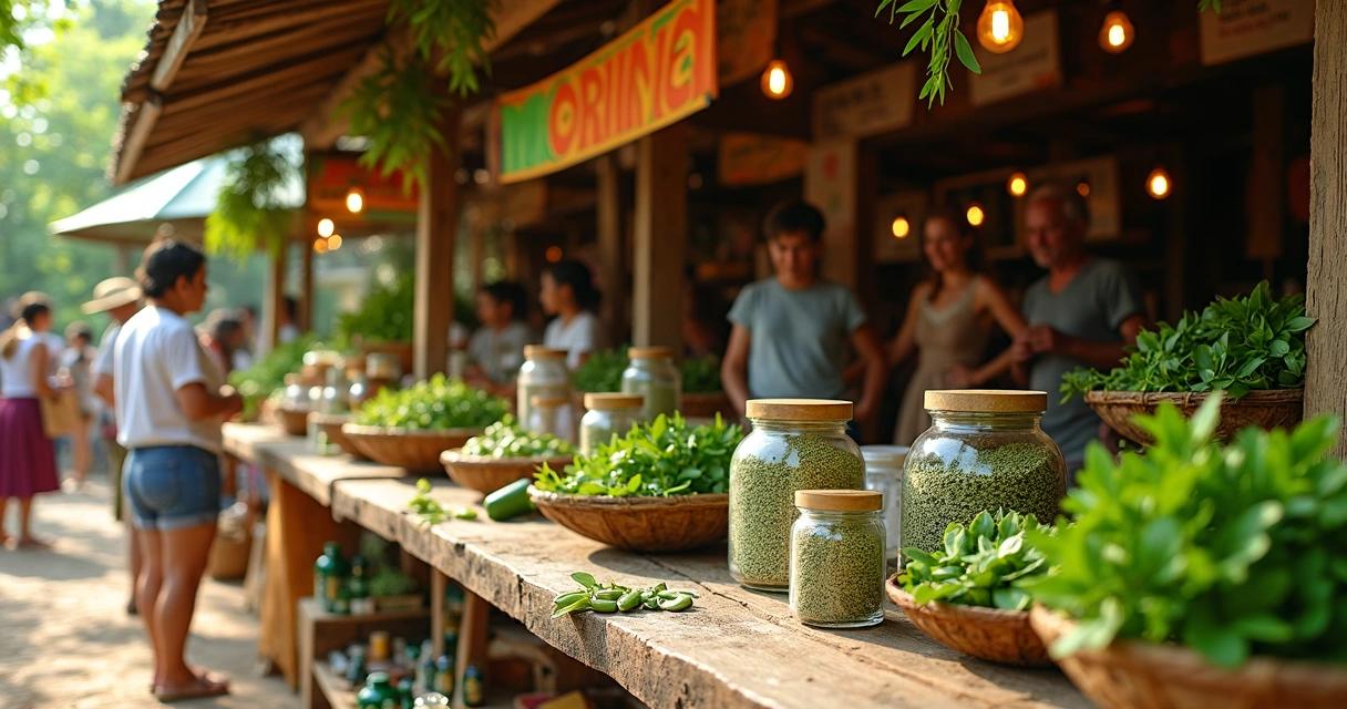 Bancada de feira vendendo produtos de moringa