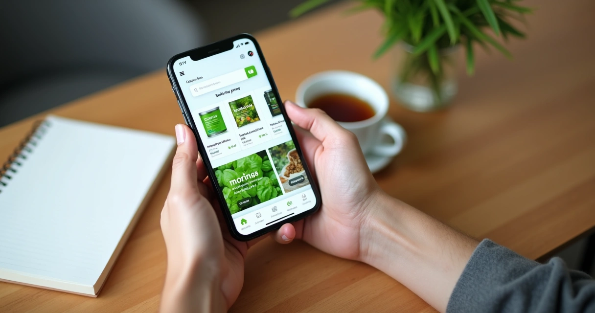Empreendedor segurando celular com loja virtual de moringa aberta. 