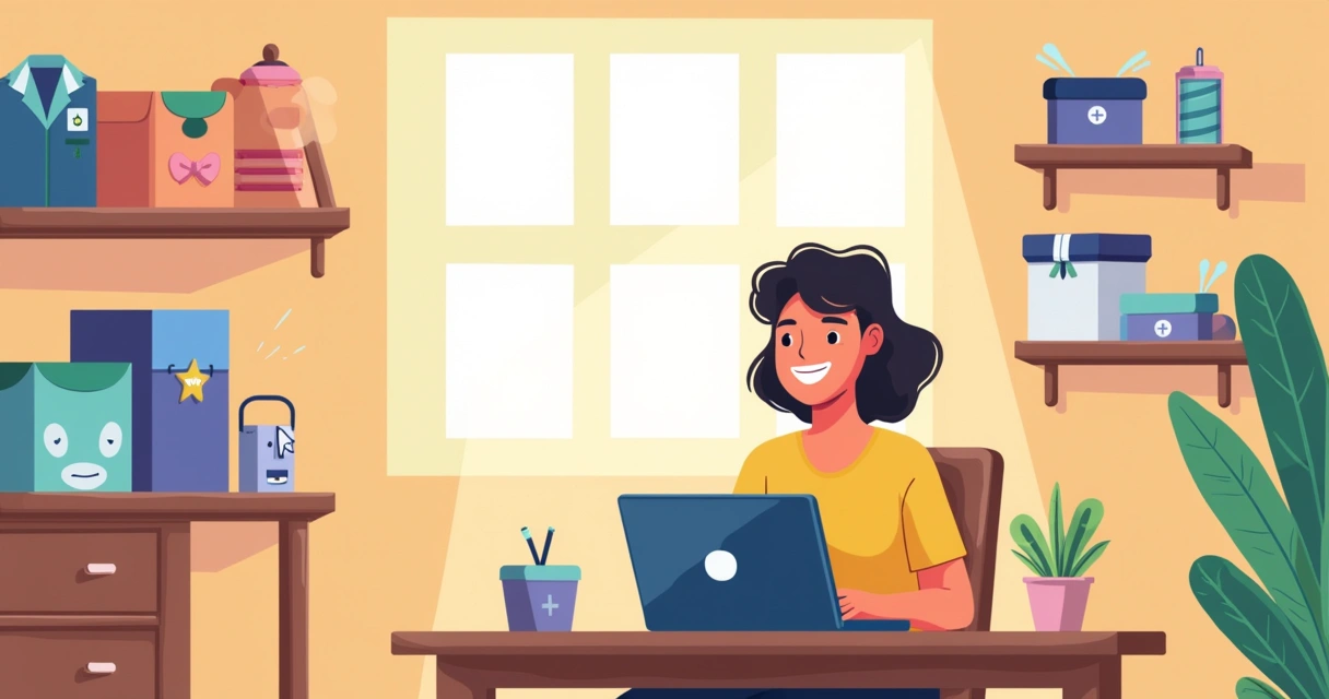 Pessoa trabalhando feliz em um laptop em um ambiente de e-commerce, rodeada de produtos coloridos.