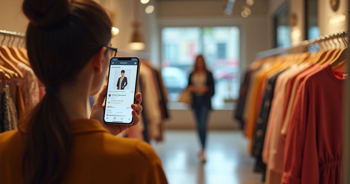 Vendedora mostrando roupas no site para cliente em loja e recebendo pedido online 