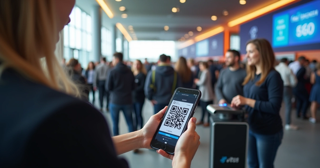 Pessoa usando celular para validar ingresso com QR Code em evento 