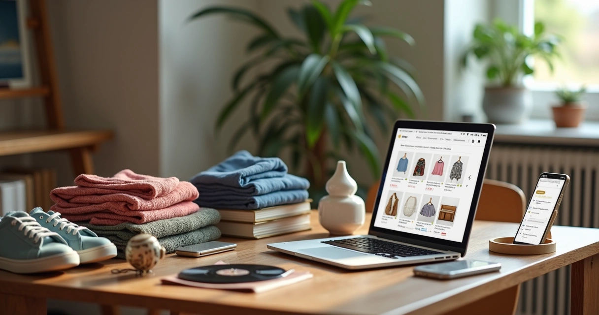 Mesa com produtos usados organizados para venda online ao lado de notebook com site de e-commerce aberto 