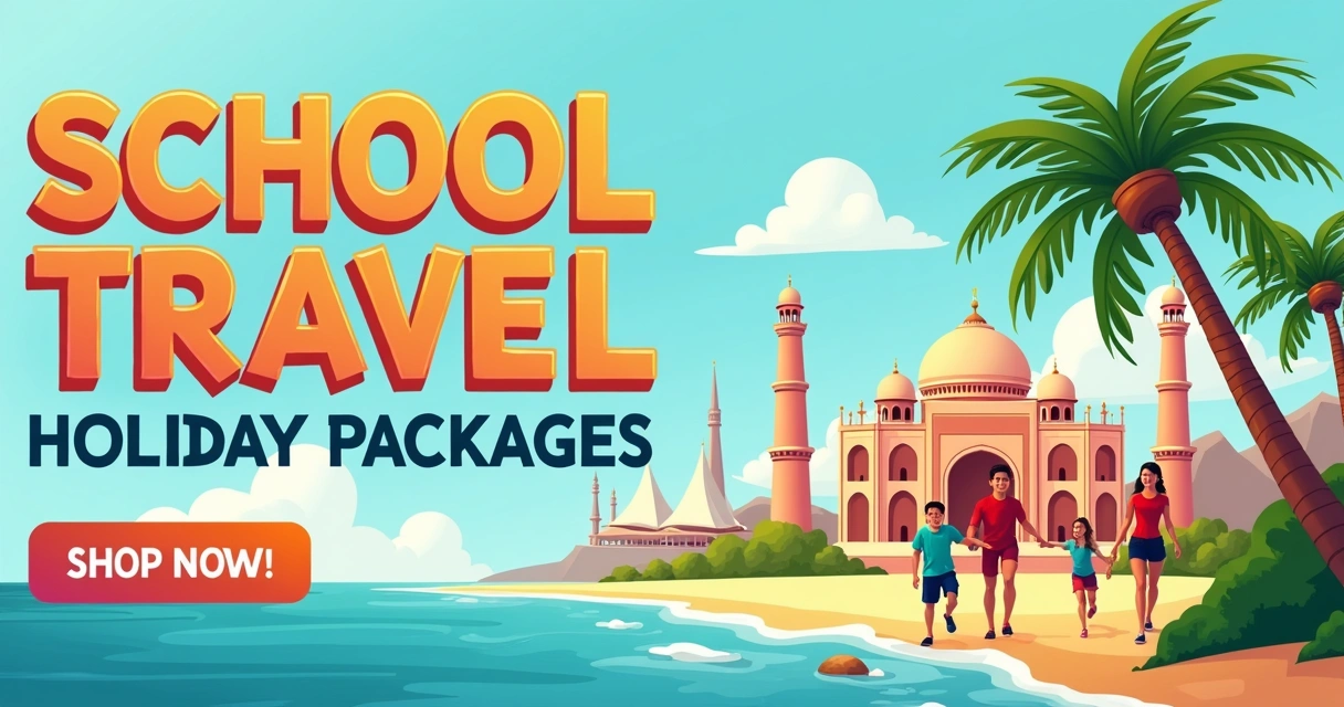 Banner digital anunciando promoção de pacotes de férias escolares 